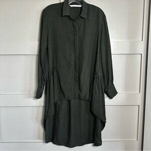 Zara Long Asymmetrical Tunic Button Up Long Sleeve Pleated Green Gingham Small